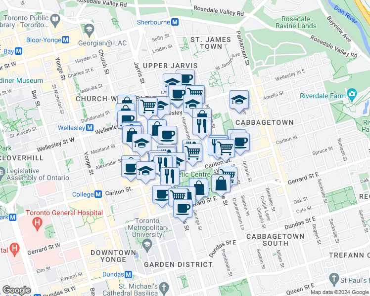 map of restaurants, bars, coffee shops, grocery stores, and more near in Toronto