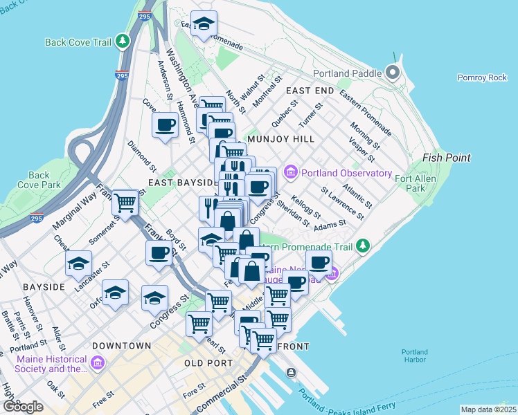 map of restaurants, bars, coffee shops, grocery stores, and more near 193 Congress Street in Portland