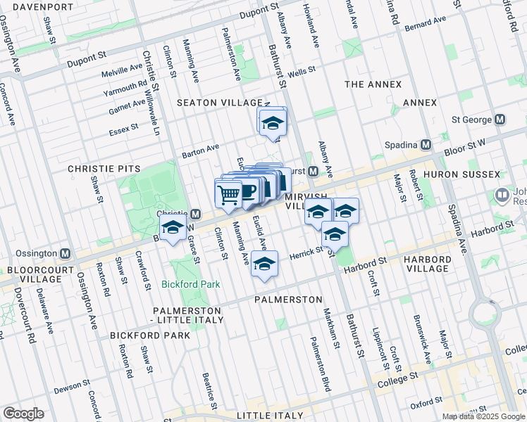 map of restaurants, bars, coffee shops, grocery stores, and more near 645 Bloor Street West in Toronto