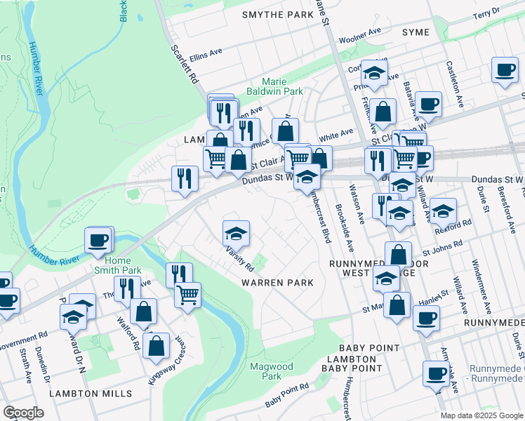 map of restaurants, bars, coffee shops, grocery stores, and more near 66 Skylark Road in Toronto