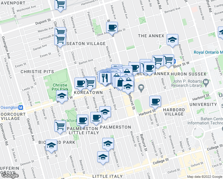 map of restaurants, bars, coffee shops, grocery stores, and more near 541 Palmerston Boulevard in Toronto