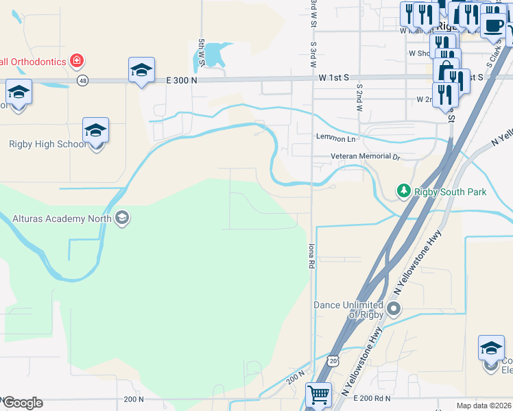 map of restaurants, bars, coffee shops, grocery stores, and more near 472 Fieldstone Avenue in Rigby