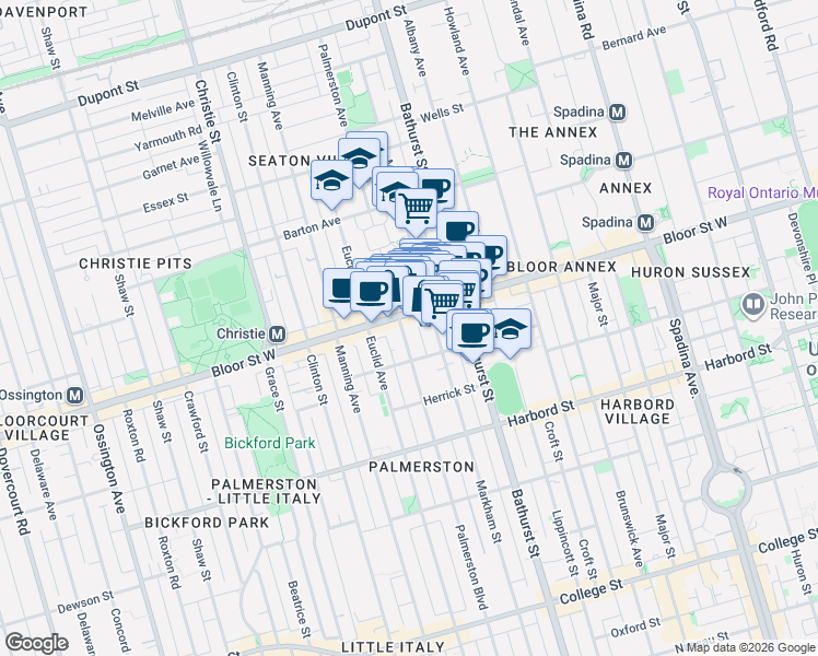 map of restaurants, bars, coffee shops, grocery stores, and more near 541 Palmerston Boulevard in Toronto