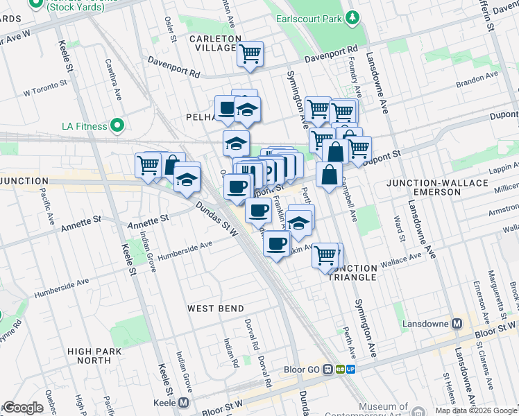 map of restaurants, bars, coffee shops, grocery stores, and more near 91 Edwin Avenue in Toronto