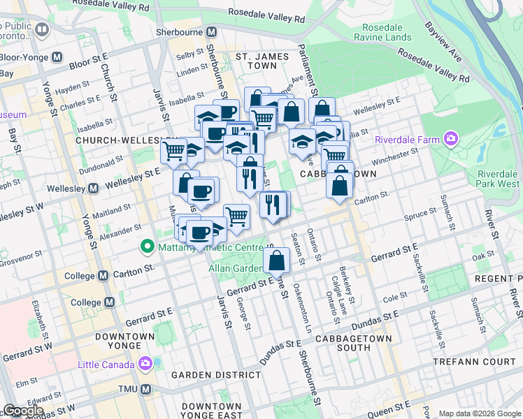 map of restaurants, bars, coffee shops, grocery stores, and more near 391 Sherbourne Street in Toronto