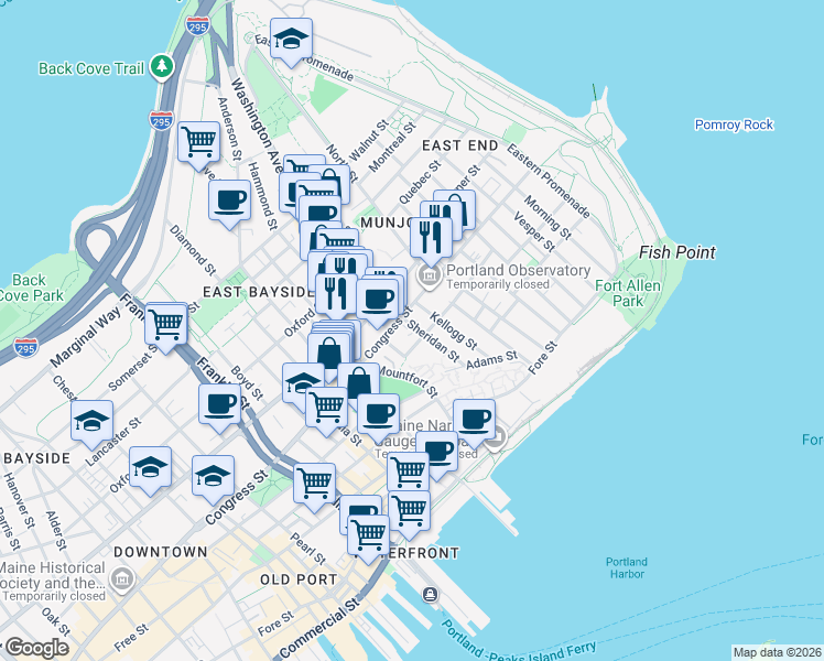 map of restaurants, bars, coffee shops, grocery stores, and more near 54 Sheridan Street in Portland