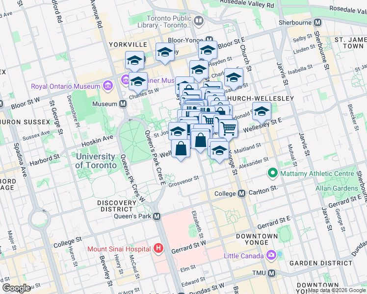 map of restaurants, bars, coffee shops, grocery stores, and more near 62 Wellesley Street West in Toronto
