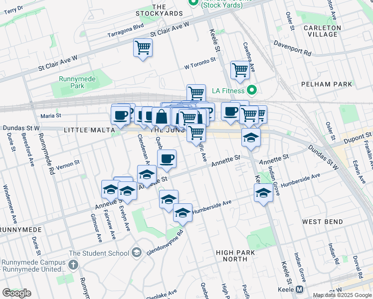 map of restaurants, bars, coffee shops, grocery stores, and more near 307 High Park Avenue in Toronto