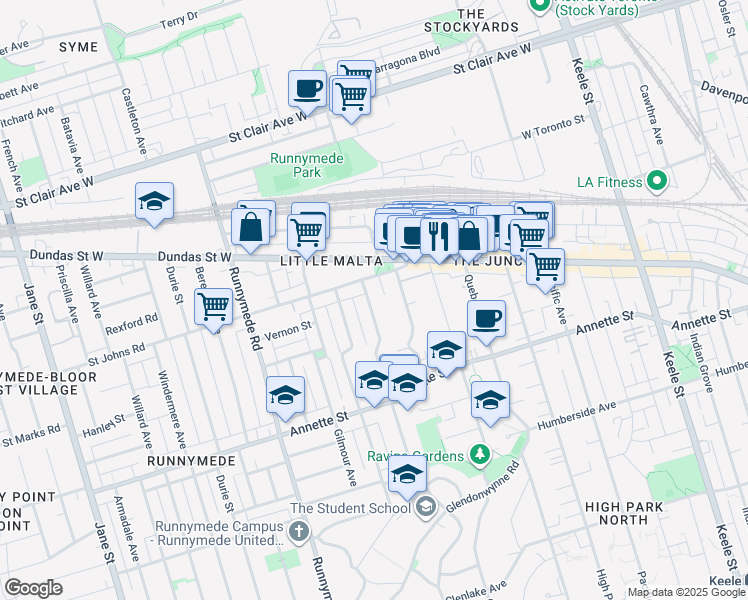map of restaurants, bars, coffee shops, grocery stores, and more near 295 Evelyn Avenue in Toronto