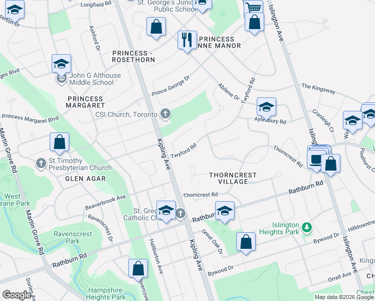 map of restaurants, bars, coffee shops, grocery stores, and more near 55 Twyford Road in Toronto