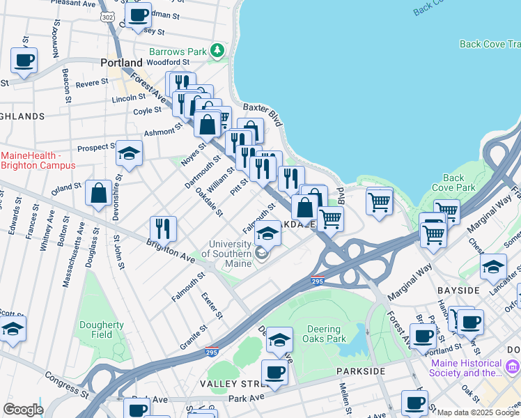 map of restaurants, bars, coffee shops, grocery stores, and more near 19 Fessenden Street in Portland