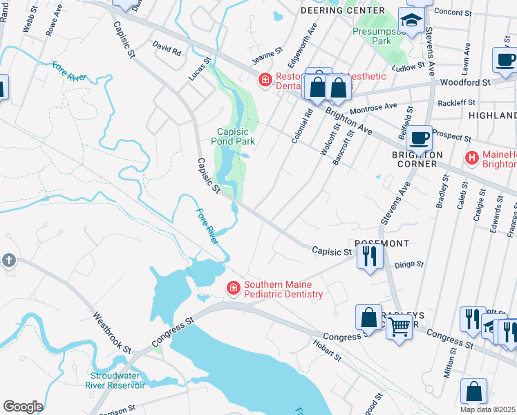 map of restaurants, bars, coffee shops, grocery stores, and more near 131 Colonial Road in Portland