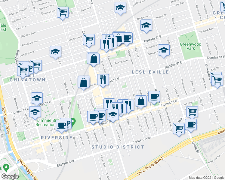 map of restaurants, bars, coffee shops, grocery stores, and more near in Toronto