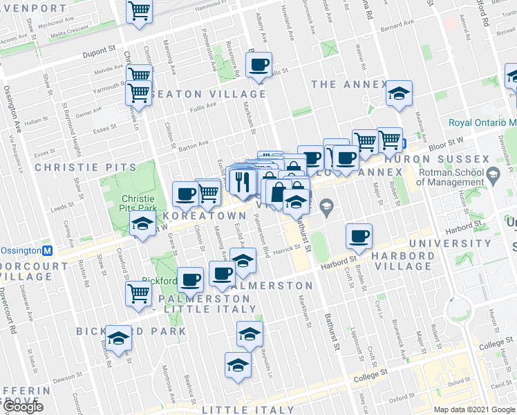 map of restaurants, bars, coffee shops, grocery stores, and more near in Toronto