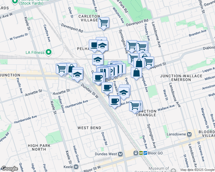 map of restaurants, bars, coffee shops, grocery stores, and more near in Toronto