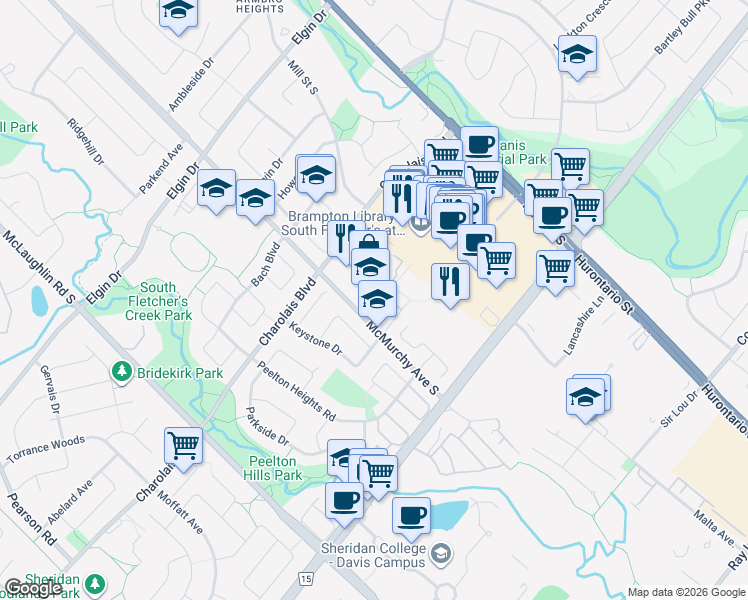map of restaurants, bars, coffee shops, grocery stores, and more near 430 McMurchy Avenue South in Brampton