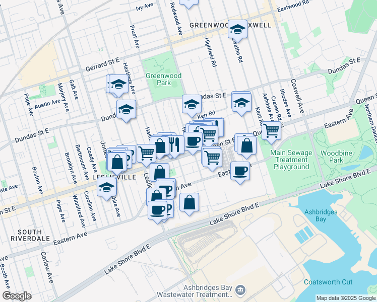 map of restaurants, bars, coffee shops, grocery stores, and more near 1348 Queen Street East in Toronto