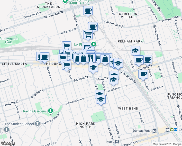 map of restaurants, bars, coffee shops, grocery stores, and more near 330 Keele Street in Toronto