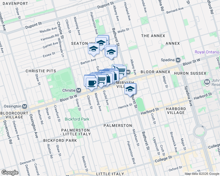 map of restaurants, bars, coffee shops, grocery stores, and more near 548 Palmerston Boulevard in Toronto