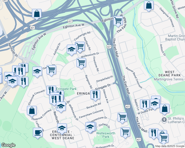 map of restaurants, bars, coffee shops, grocery stores, and more near 44 Hollister Road in Toronto
