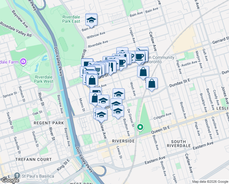 map of restaurants, bars, coffee shops, grocery stores, and more near 182 Boulton Avenue in Toronto
