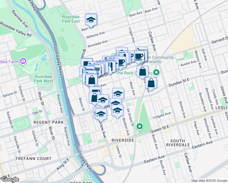 map of restaurants, bars, coffee shops, grocery stores, and more near in Toronto