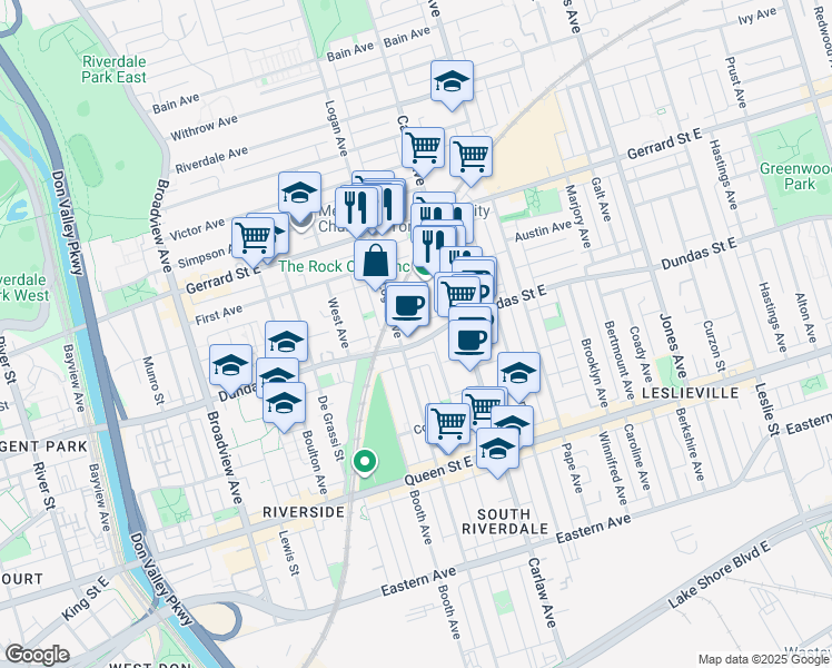 map of restaurants, bars, coffee shops, grocery stores, and more near 401 Logan Avenue in Toronto