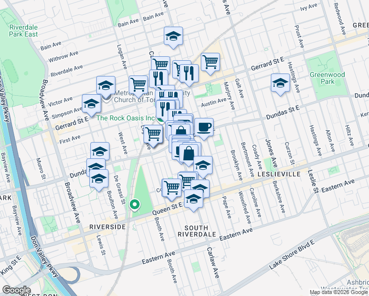 map of restaurants, bars, coffee shops, grocery stores, and more near 319 Carlaw Avenue in Toronto