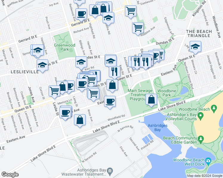 map of restaurants, bars, coffee shops, grocery stores, and more near 33 Connaught Avenue in Toronto