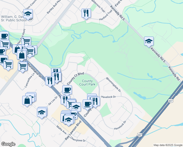 map of restaurants, bars, coffee shops, grocery stores, and more near 24 Payton Court in Brampton