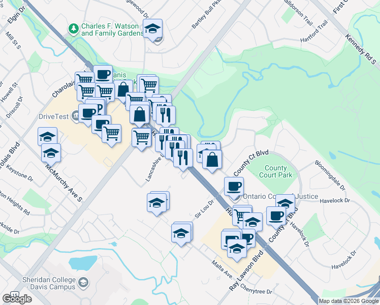 map of restaurants, bars, coffee shops, grocery stores, and more near in Brampton