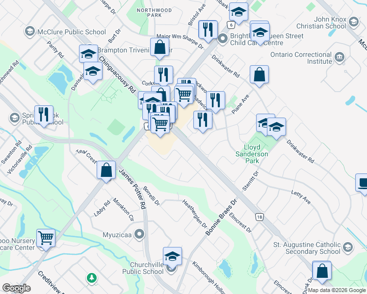 map of restaurants, bars, coffee shops, grocery stores, and more near 8906 Chinguacousy Road in Brampton