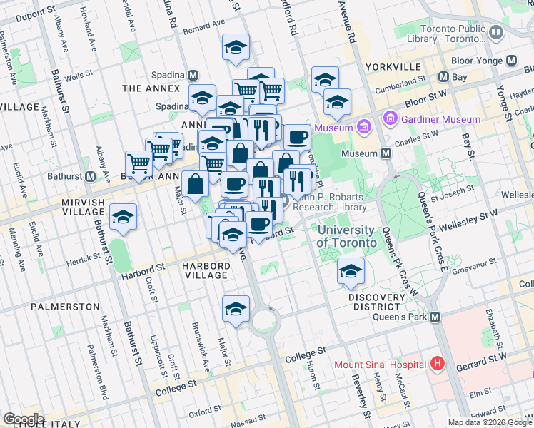 map of restaurants, bars, coffee shops, grocery stores, and more near 364 Huron Street in Toronto