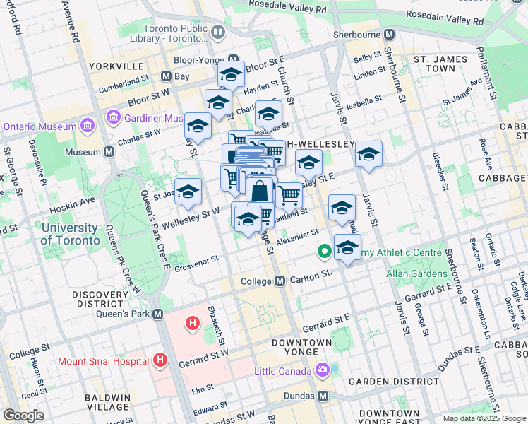 map of restaurants, bars, coffee shops, grocery stores, and more near 543 Yonge Street in Toronto