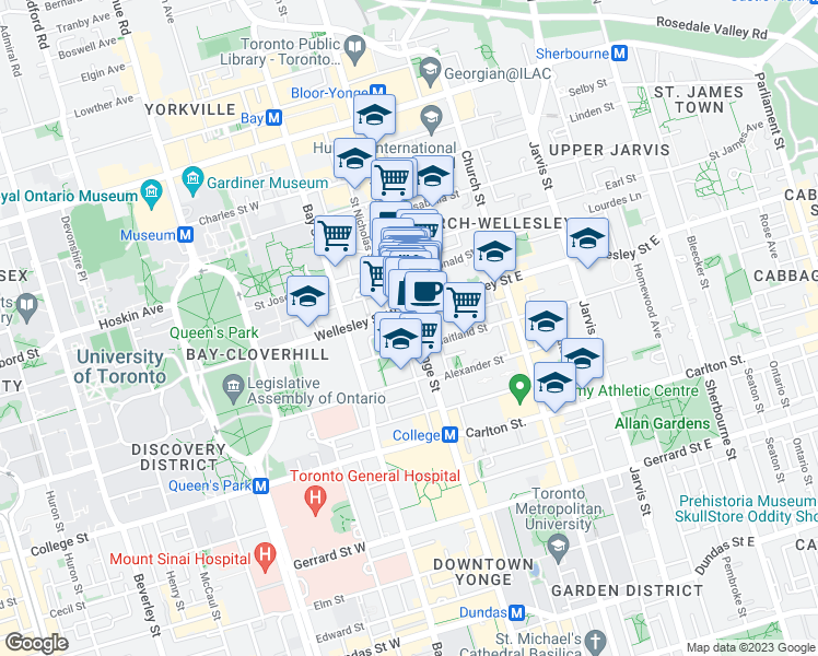map of restaurants, bars, coffee shops, grocery stores, and more near 550 Yonge Street in Toronto