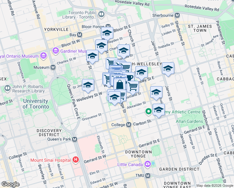 map of restaurants, bars, coffee shops, grocery stores, and more near 550 Yonge Street in Toronto
