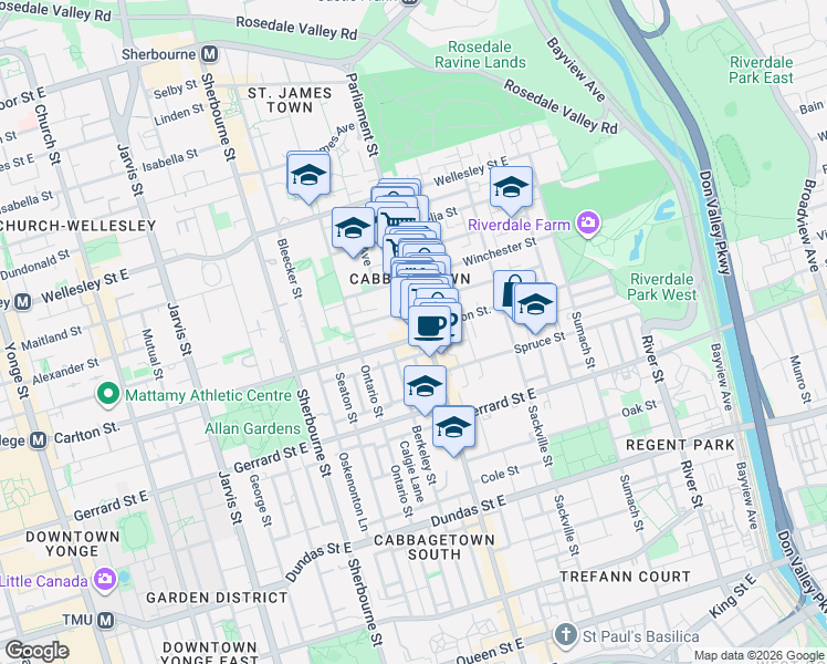 map of restaurants, bars, coffee shops, grocery stores, and more near 242 Carlton Street in Toronto