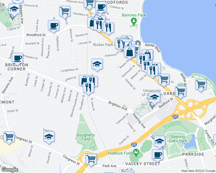 map of restaurants, bars, coffee shops, grocery stores, and more near 183 Dartmouth Street in Portland
