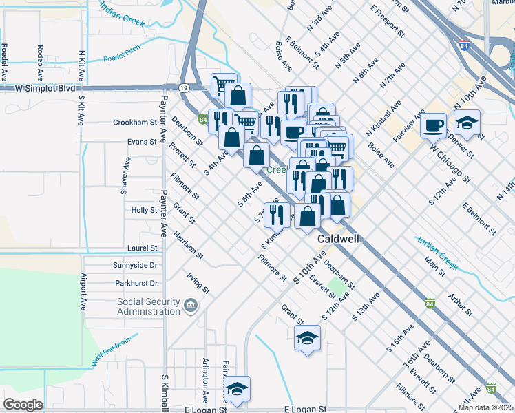 map of restaurants, bars, coffee shops, grocery stores, and more near 616 Dearborn Street in Caldwell