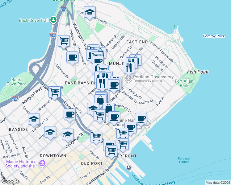 map of restaurants, bars, coffee shops, grocery stores, and more near 73 Sheridan Street in Portland