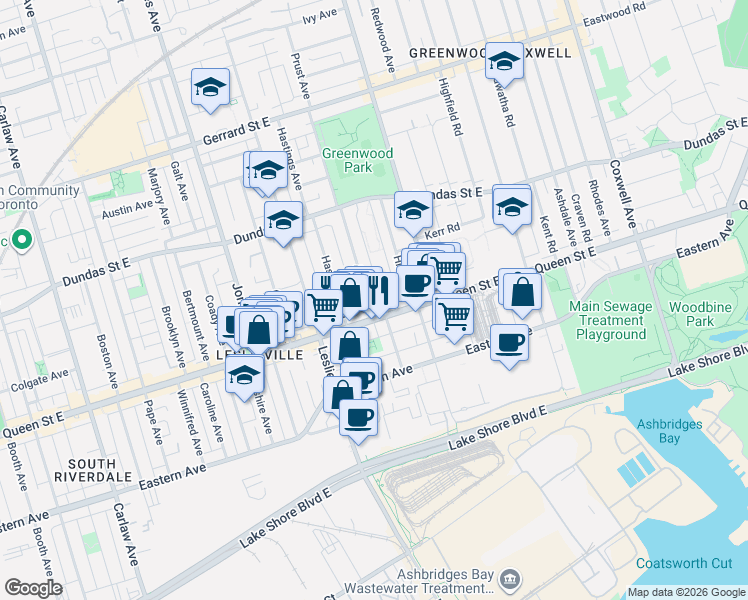 map of restaurants, bars, coffee shops, grocery stores, and more near 9 Alton Avenue in Toronto