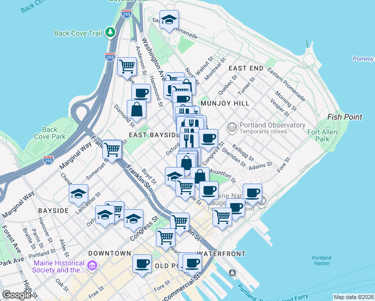 map of restaurants, bars, coffee shops, grocery stores, and more near 46 Washington Avenue in Portland