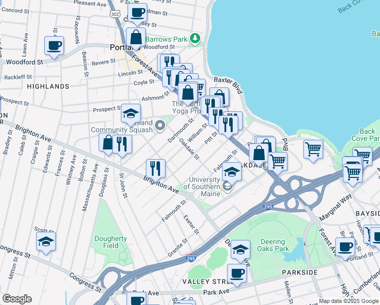 map of restaurants, bars, coffee shops, grocery stores, and more near 63 William Street in Portland