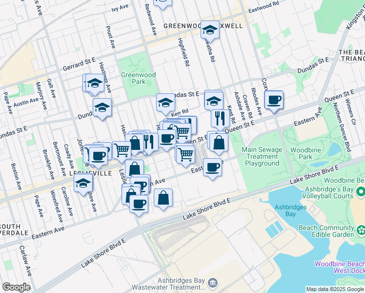 map of restaurants, bars, coffee shops, grocery stores, and more near in Toronto