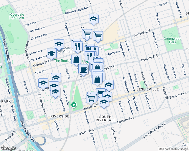 map of restaurants, bars, coffee shops, grocery stores, and more near 388 Carlaw Avenue in Toronto