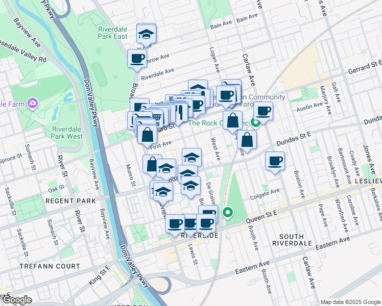 map of restaurants, bars, coffee shops, grocery stores, and more near in Toronto