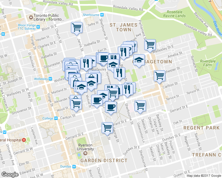 map of restaurants, bars, coffee shops, grocery stores, and more near in Toronto