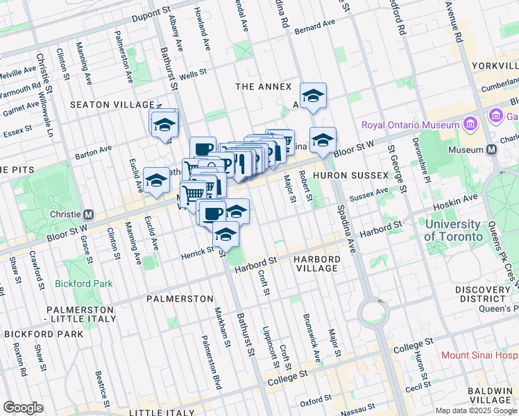 map of restaurants, bars, coffee shops, grocery stores, and more near 523 Bloor Street West in Toronto