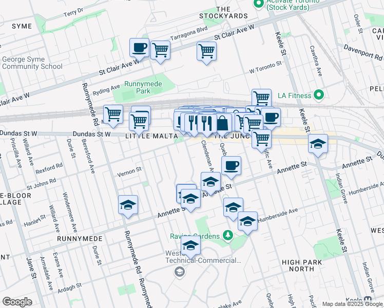 map of restaurants, bars, coffee shops, grocery stores, and more near in Toronto
