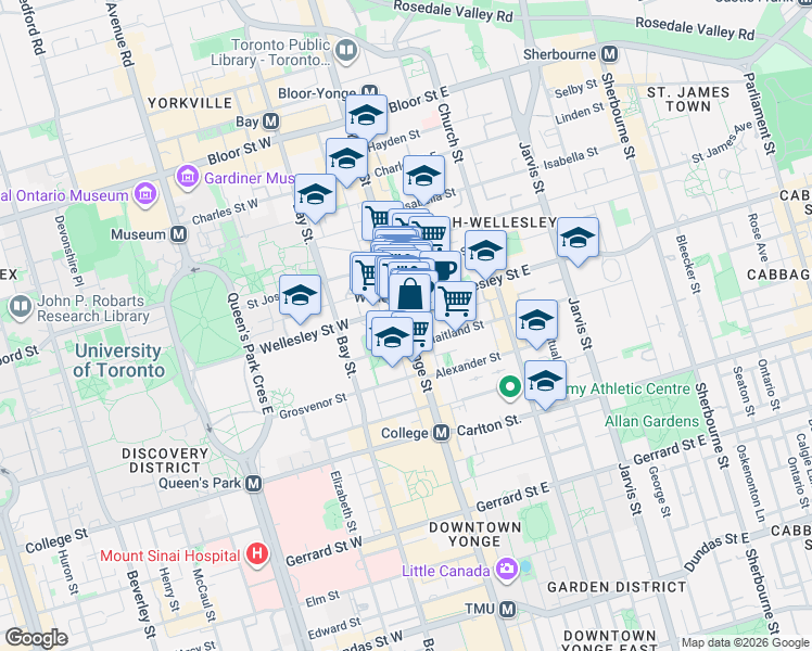 map of restaurants, bars, coffee shops, grocery stores, and more near 550 Yonge Street in Toronto